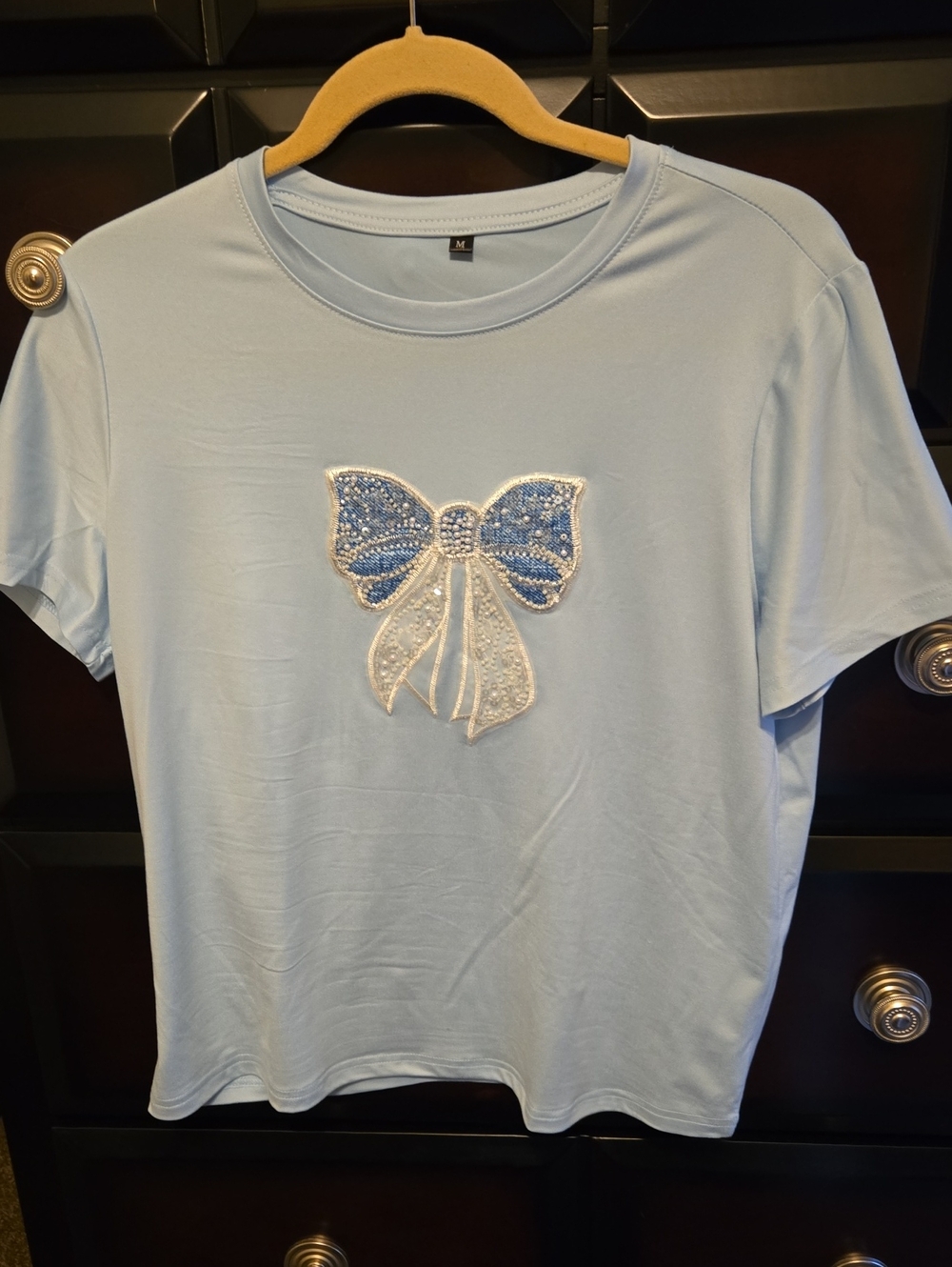 Women’s Light Blue Bow Embellished Short Sleeve Tee